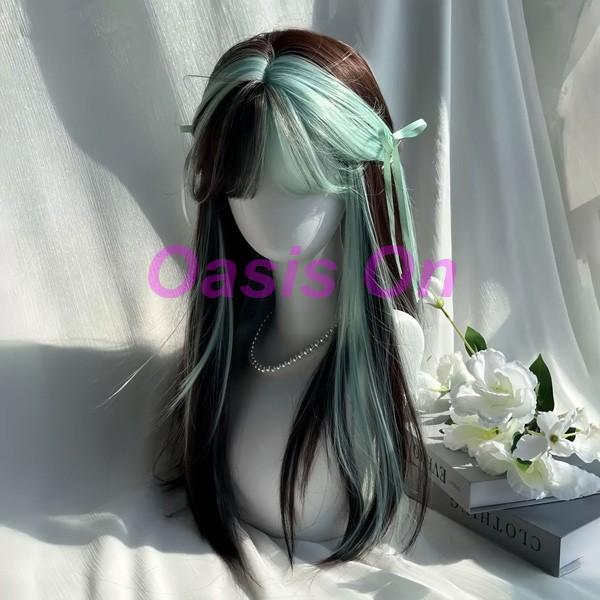 ウィッグ Y2Kリアーナ風 レディース ミントグリーン ウィッグ長髪