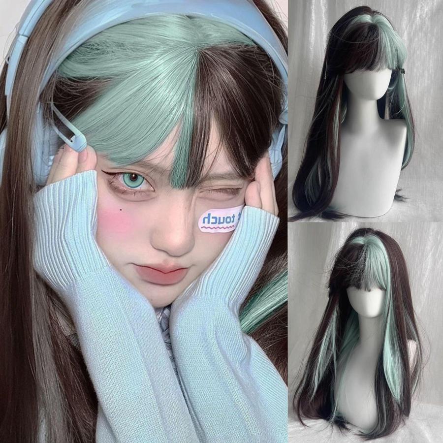 ウィッグ Y2Kリアーナ風 レディース ミントグリーン ウィッグ長髪