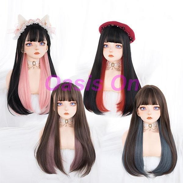ウィッグ フルウィッグ インナーカラー メッシュ ストレート ロング