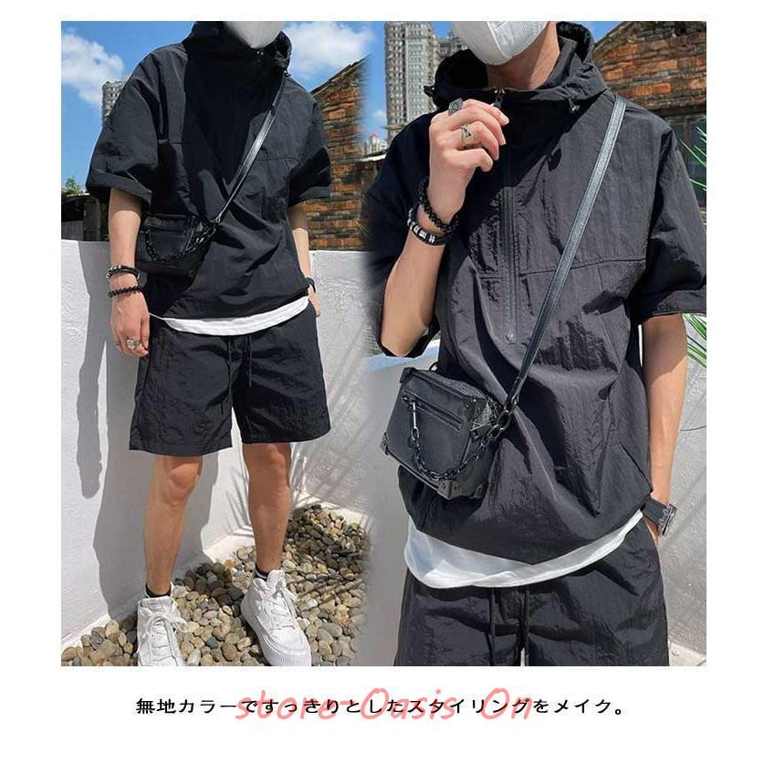 ハーフジップ サマーパーカー フード付き メンズ カーゴショーツ