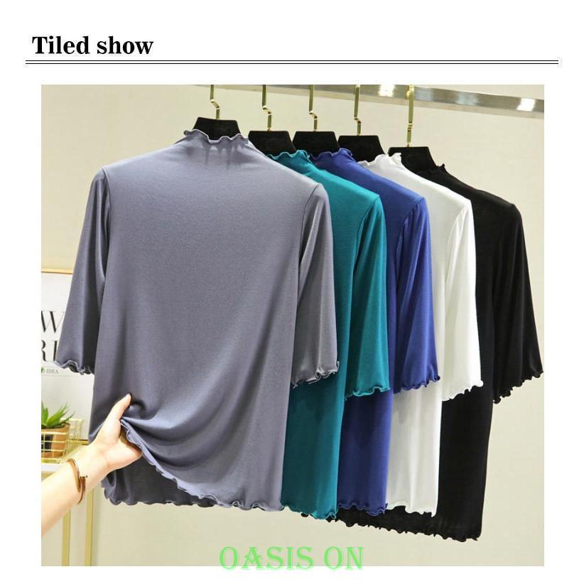全12色×4サイズ ハイネック 半袖 レディース トップス 5分袖 Tシャツ