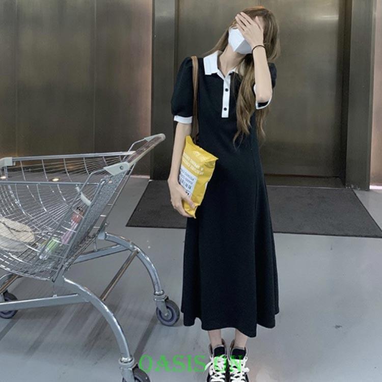 ロングワンピース 大きいサイズ ワンピース 春 ポロシャツ 襟配色 襟