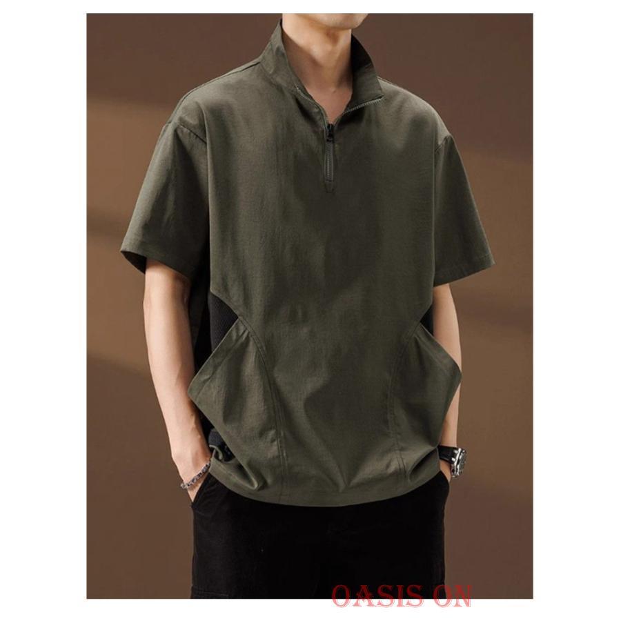 メンズ 薄手 ハーフジップ 半袖 接触冷感 春夏 アメカジ Tシャツ L