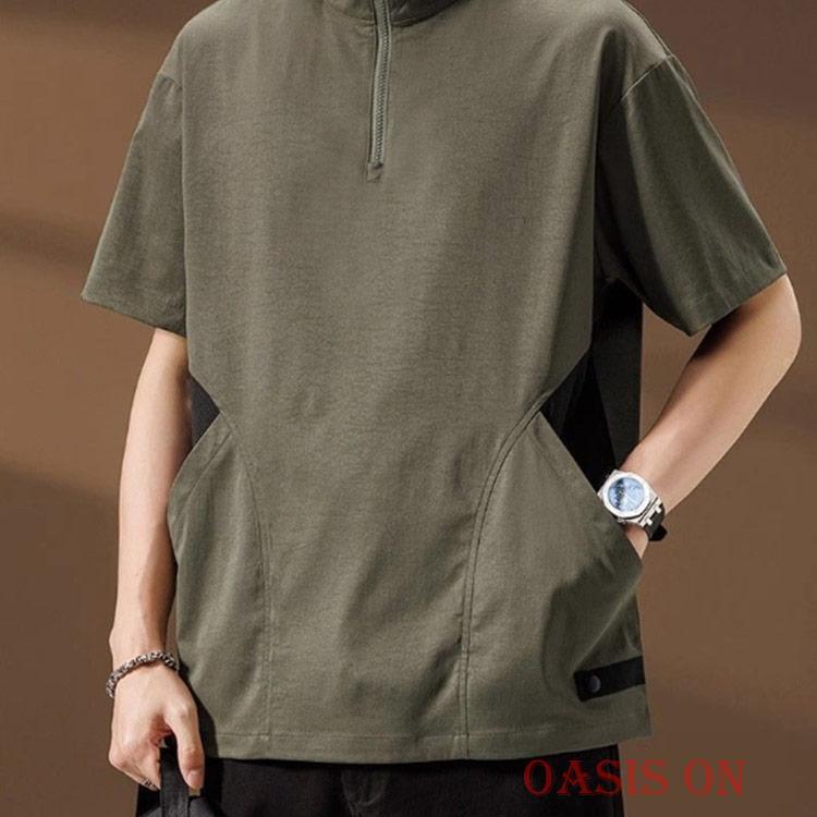 メンズ 薄手 ハーフジップ 半袖 接触冷感 春夏 アメカジ Tシャツ L