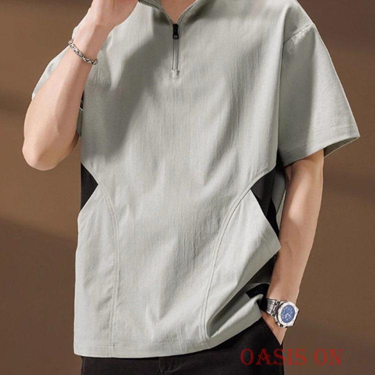メンズ 薄手 ハーフジップ 半袖 接触冷感 春夏 アメカジ Tシャツ L