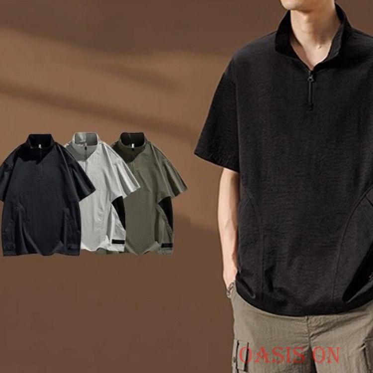 メンズ 薄手 ハーフジップ 半袖 接触冷感 春夏 アメカジ Tシャツ L