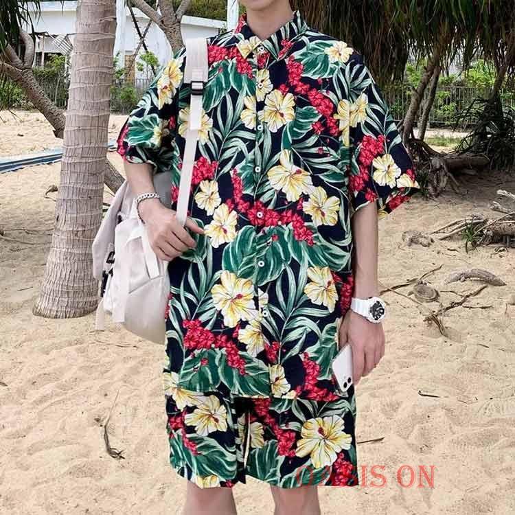 夏 ハーフパンツ アロハシャツ 半袖 ショートパンツ 上下セット