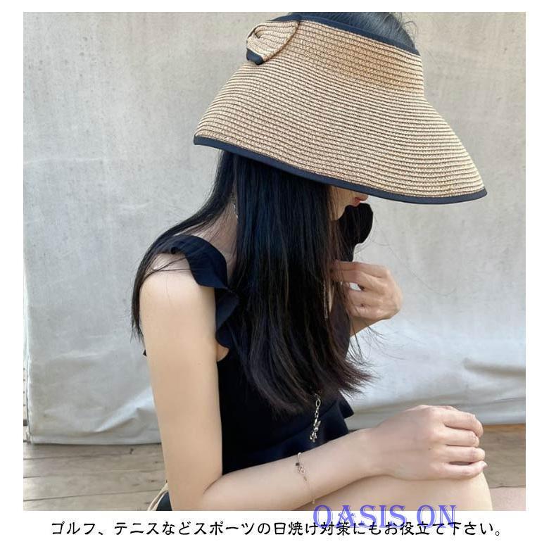 レディース 小顔 帽子 麦わら帽子 バックリボンサンバイザー リボン