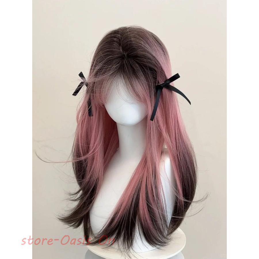ウィッグ ロング ストレート グラデーション ピンク 自然 フルウィッグ