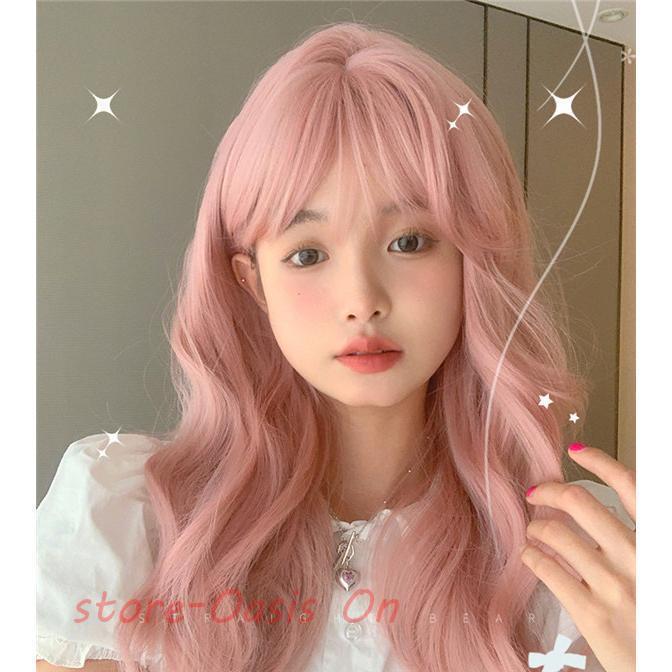 ピンクウイッグ フルウィッグ ピンク系 自然 通気 ウェーブ 前髪