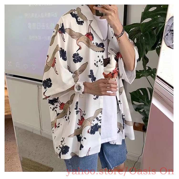 鶴柄 和風 シャツ 和柄 柄シャツ 半袖 男女兼用 レディース 総柄