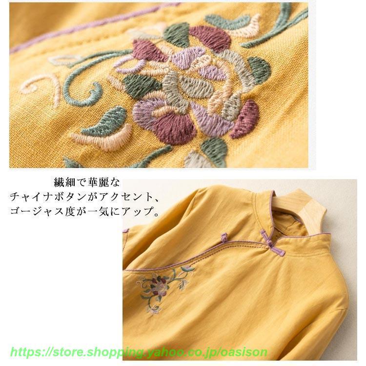 爆買 綿麻ブラウス レディース リネン混 チャイナ風 花柄 刺繍