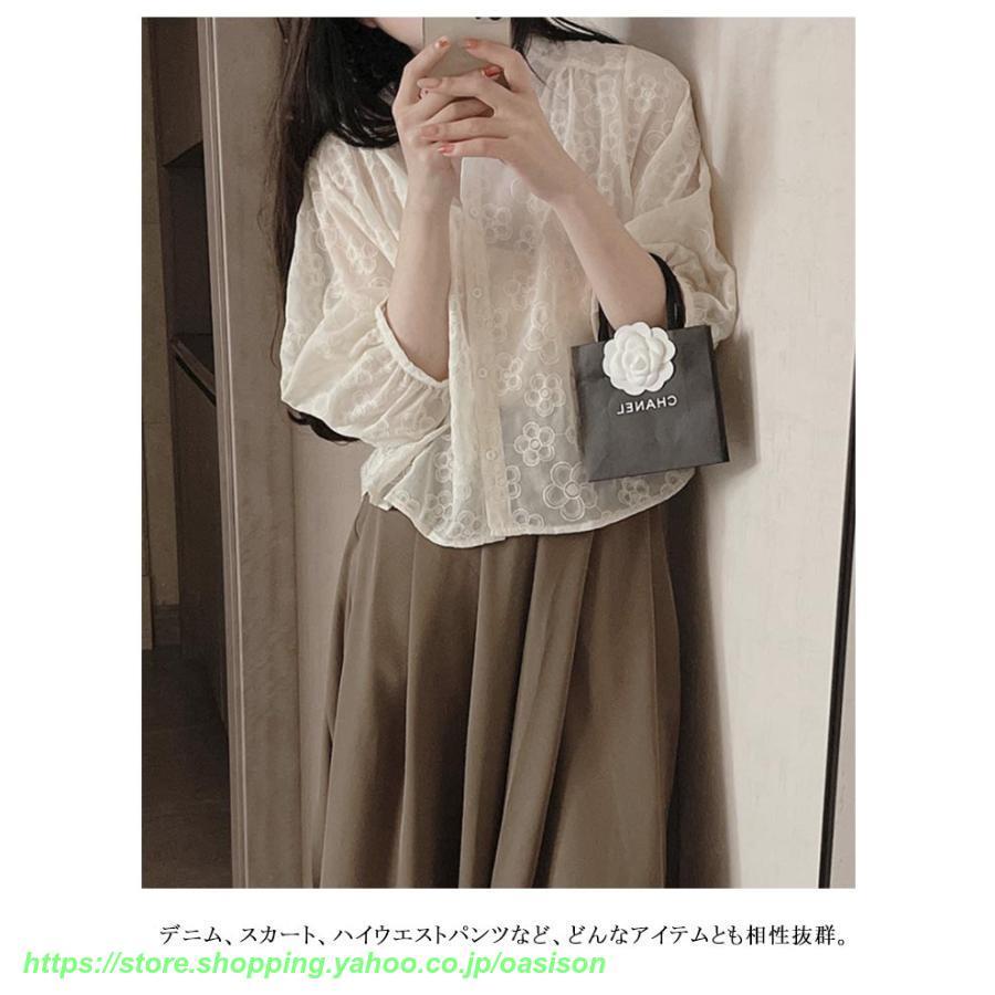 レース刺繍フラワー パフスリーブ シアーブラウス レディース 春夏