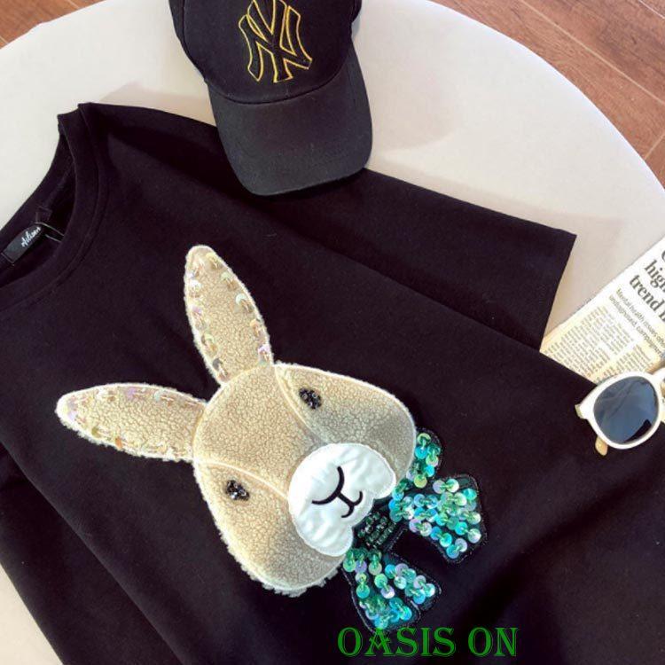 Tシャツ トップス レディース うさぎ柄 半袖 カジュアル ゆったり 体型 