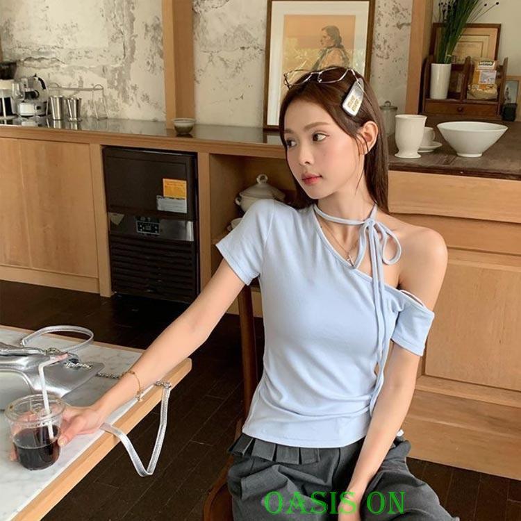 薄手 半袖Tシャツ 片方肩出し レディース トップス 夏 無地 tシャツ