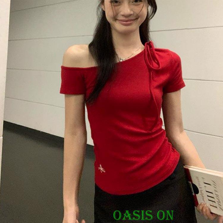 薄手 半袖Tシャツ 片方肩出し レディース トップス 夏 無地 tシャツ