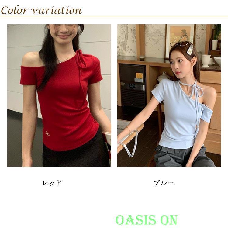 薄手 半袖Tシャツ 片方肩出し レディース トップス 夏 無地 tシャツ
