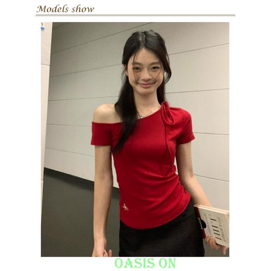 薄手 半袖Tシャツ 片方肩出し レディース トップス 夏 無地 tシャツ