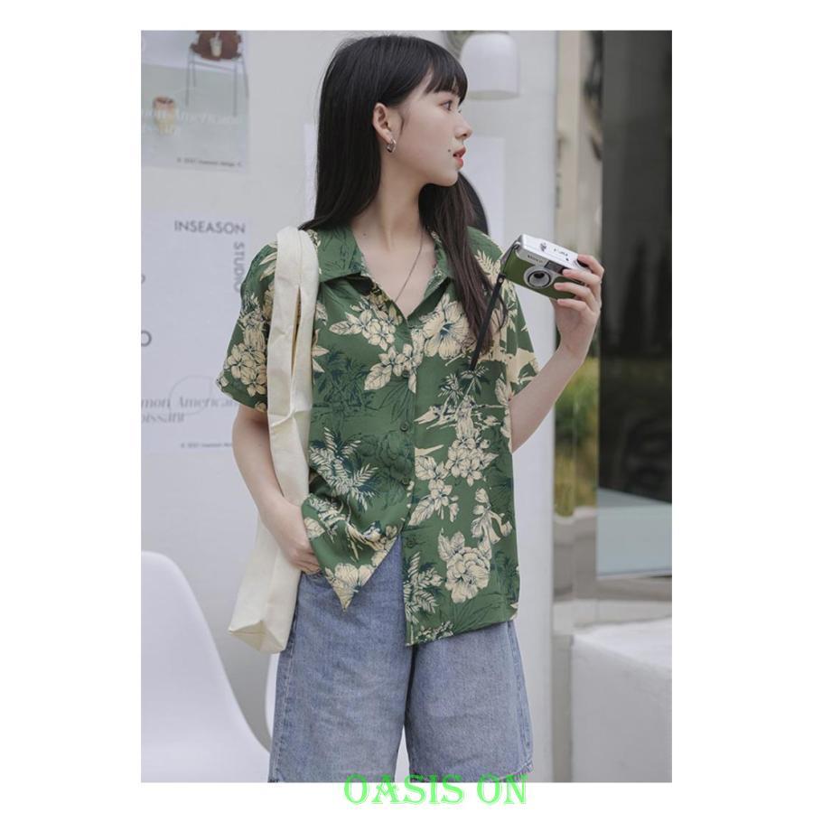 アロハシャツ 花柄シャツ レディース 半袖シャツ 可愛い グリーン 夏服 