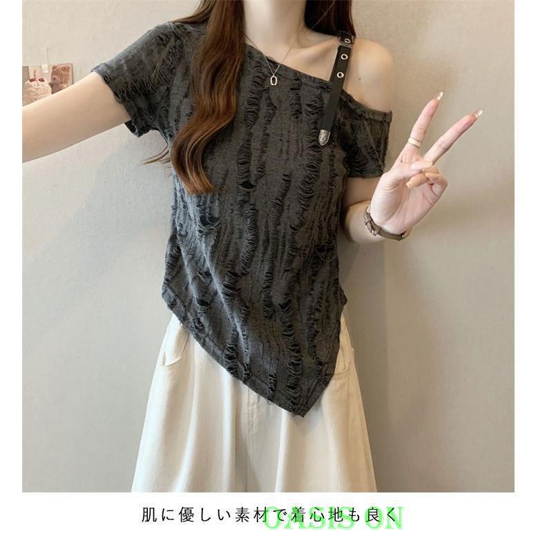 半袖Tシャツ ワンショルダー カジュアル アシンメトリー裾×ダメージ