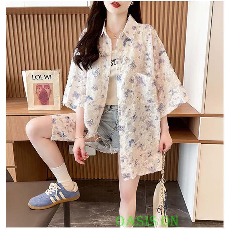 半袖シャツ レディース 花柄シャツ 夏服 シアーシャツ 春夏 シアー 