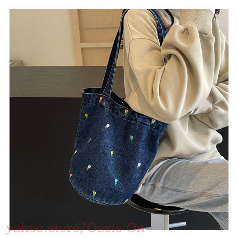 デニムバッグ レディース トートバッグ フラワー 花柄 刺繍 デニム