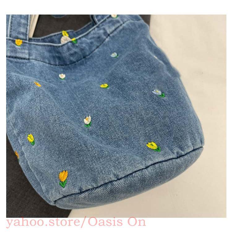 デニムバッグ レディース トートバッグ フラワー 花柄 刺繍 デニム
