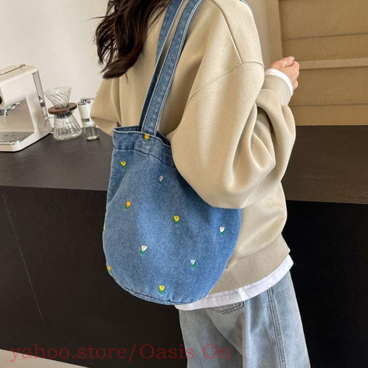 デニムバッグ レディース トートバッグ フラワー 花柄 刺繍 デニム