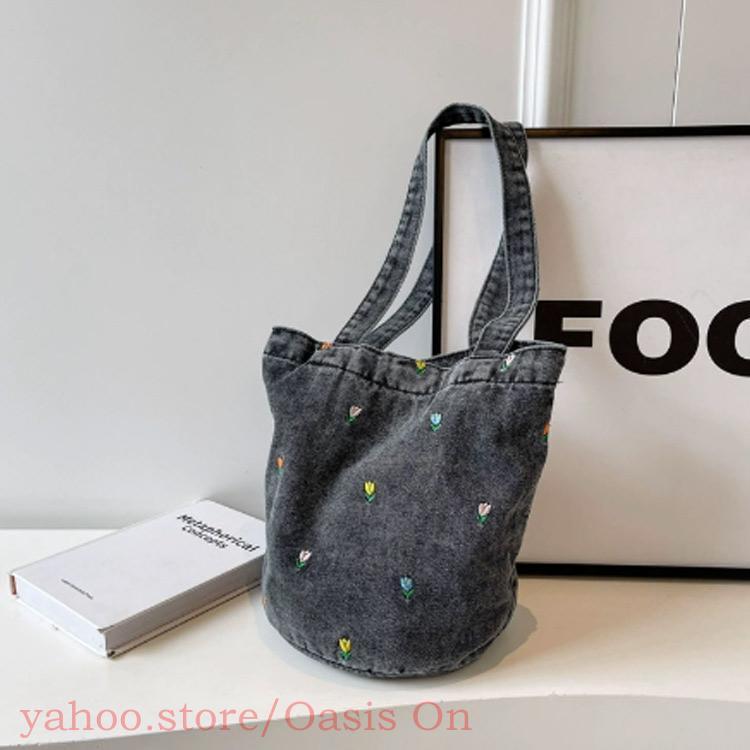 デニムバッグ レディース トートバッグ フラワー 花柄 刺繍 デニム