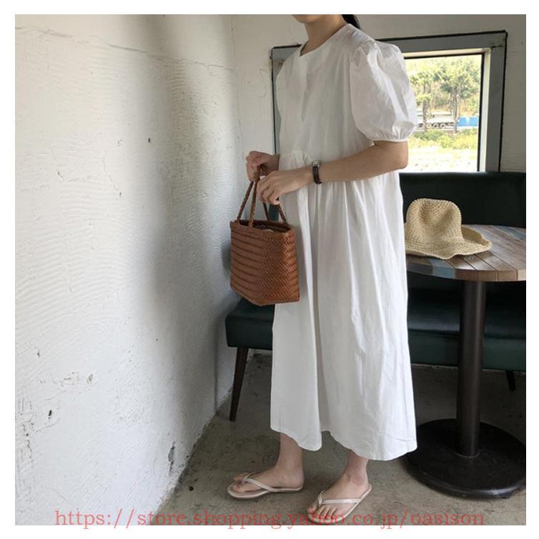ワンピース ロングワンピース レディース パフスリーブ 半袖 無地
