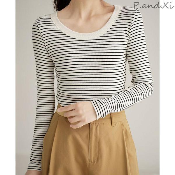ボーダー カットソー 長袖 Tシャツ レディース トップス リブ ボーダー 