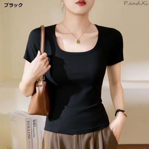 スクエアネック カットソー Tシャツ レディース トップス リブ