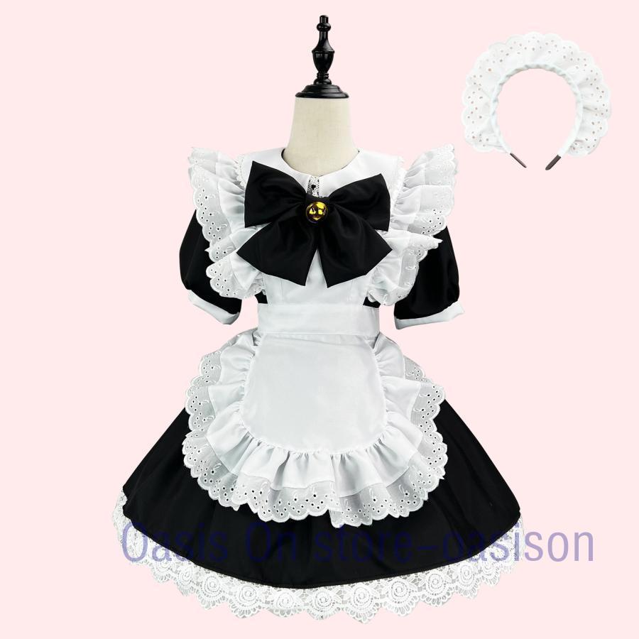 メイド 服 4点セット ワンピース エプロン 大きい リポン 仮装