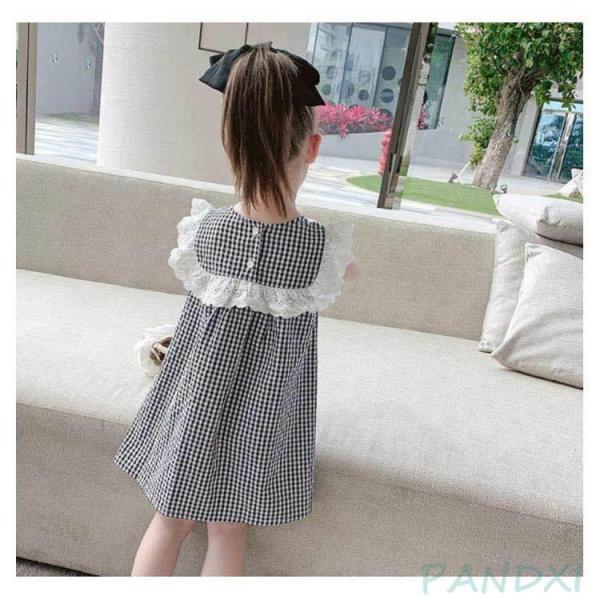 子供服 キッズ服 女の子 ワンピース ギンガムチェック 半袖 レース襟