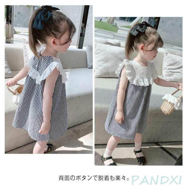 子供服 キッズ服 女の子 ワンピース ギンガムチェック 半袖 レース襟