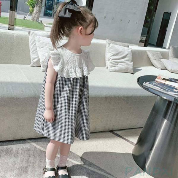 子供服 キッズ服 女の子 ワンピース ギンガムチェック 半袖 レース襟