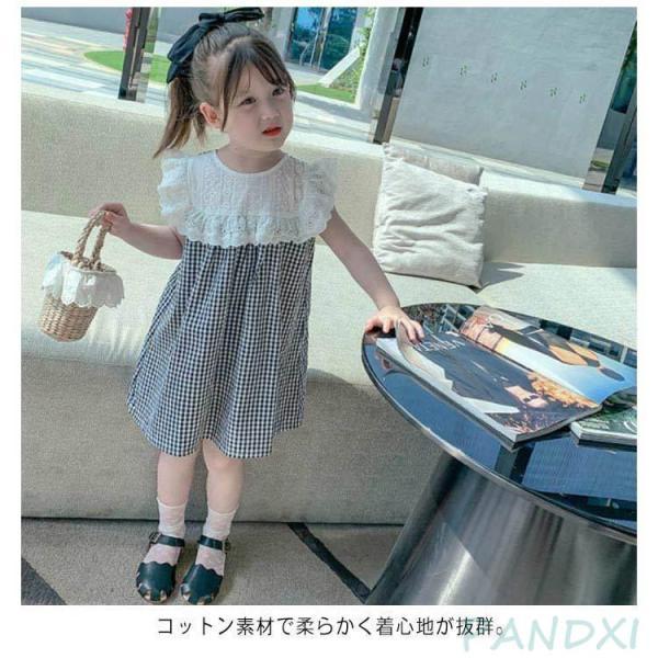 子供服 キッズ服 女の子 ワンピース ギンガムチェック 半袖 レース襟