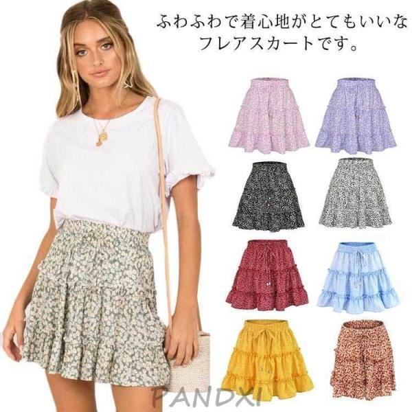 ウエストゴム レディース ミニスカ 夏 フレアスカート ミニスカート 花