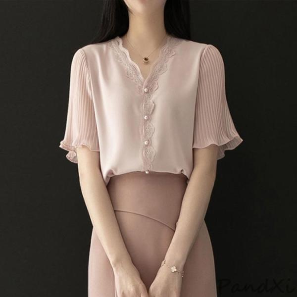 袖フリル ブラウス 半袖 レディース シャツ Vネック シフォン 夏服