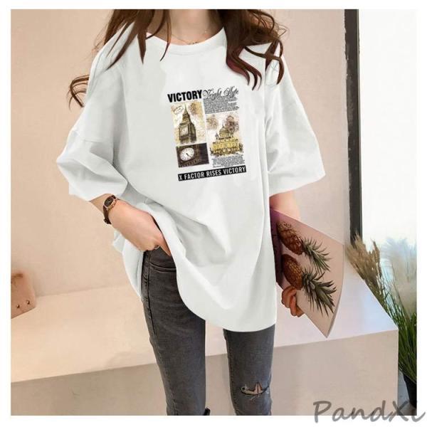 Tシャツ レディース 英字 半袖 ロゴ 韓国 ロング丈 ゆったり 着痩せ 薄地 Tシャツ レディース 英字 半袖 ロゴ 韓国 ロング丈 ゆったり 着痩せ