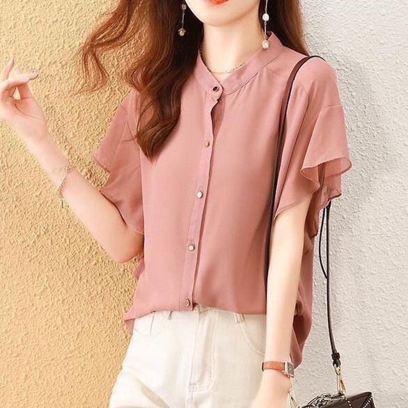 シフォン ブラウス 半袖 シャツ フレア シフォントップス ふんわり 