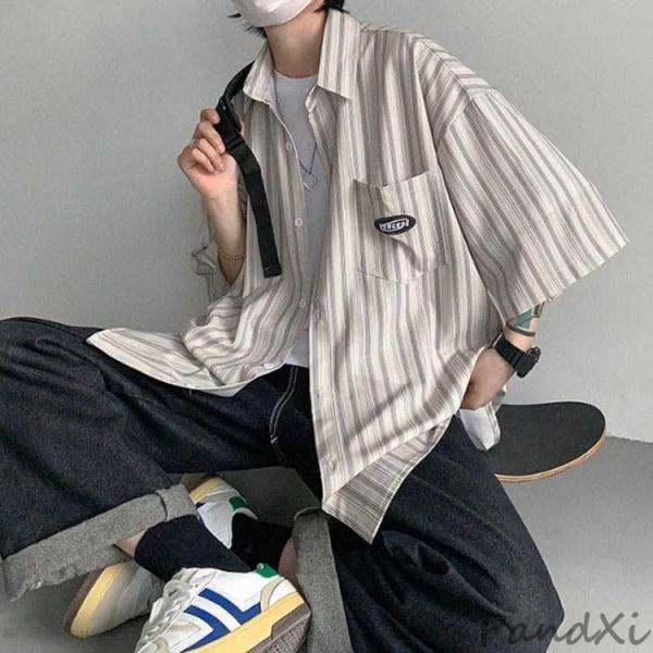 ストライプ柄 夏 五分袖 冷感 半袖シャツ 接触冷感 シャツ ビッグ 