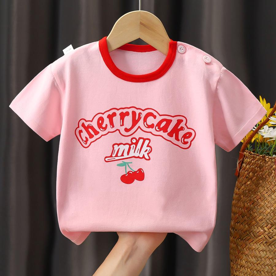 さくらんぼ 子供 半袖 Tシャツ クールネック チェリー柄 半袖Tシャツ