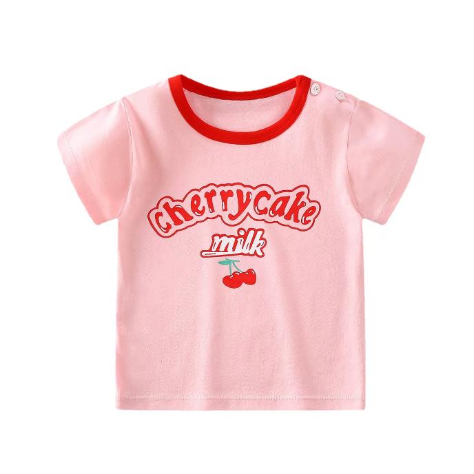 さくらんぼ 子供 半袖 Tシャツ クールネック チェリー柄 半袖Tシャツ