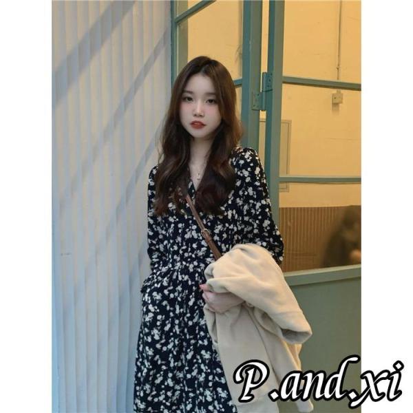 シフォンワンピース 花柄 ロングワンピース 可愛い ワンピース 長袖