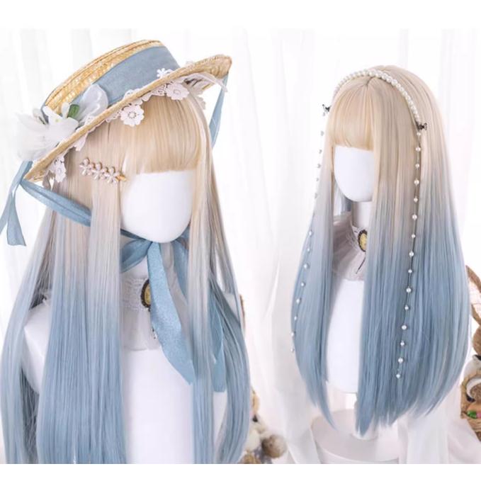 ウィッグ フルウィッグ グラデーション 長髪 グレーxホワイト 巻き髪