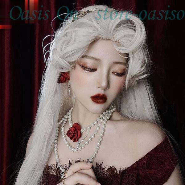 中世の貴族風 白髪 フルウィッグ かつら 女性 長髪 ロングヘア 前髪