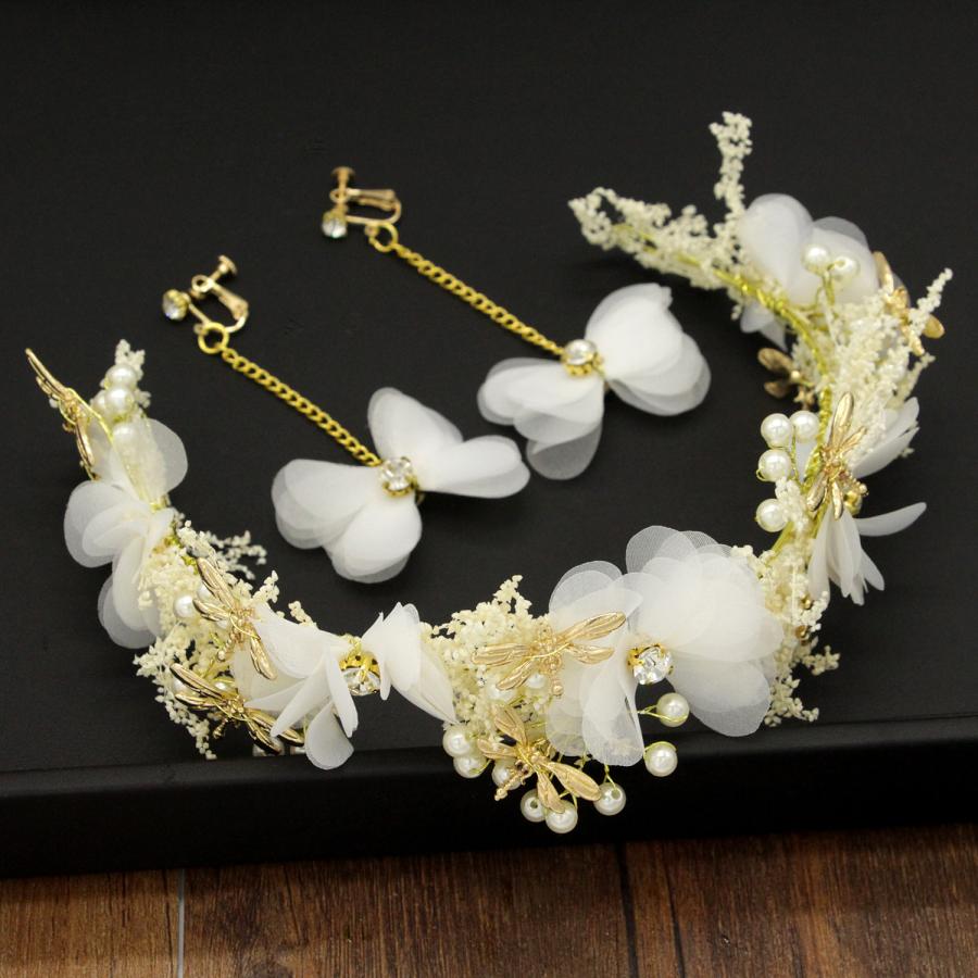 花冠 ヘアピン付き 花かんむり＋イヤリング ウェディング バック 