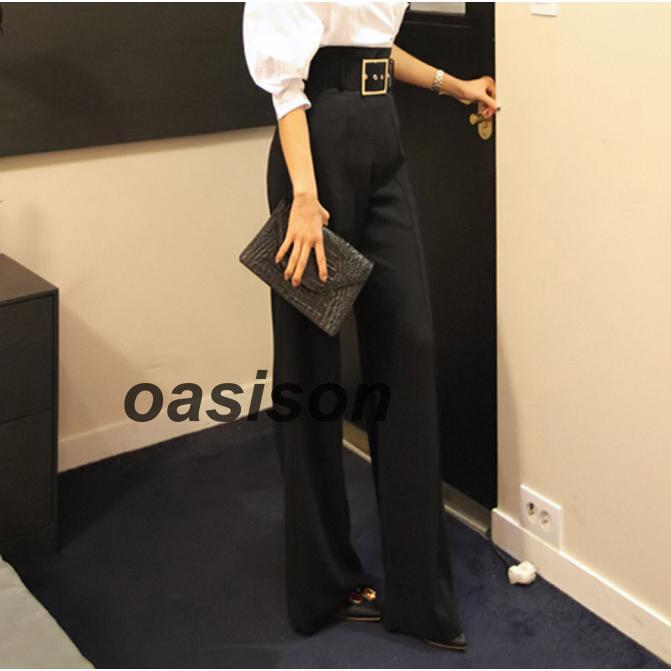 ワイドレッグパンツ ハイウェスト スーツパンツ レディース ワイドパンツ ベルト付きロングパンツ シルエット 通勤 OL｜oasison｜06