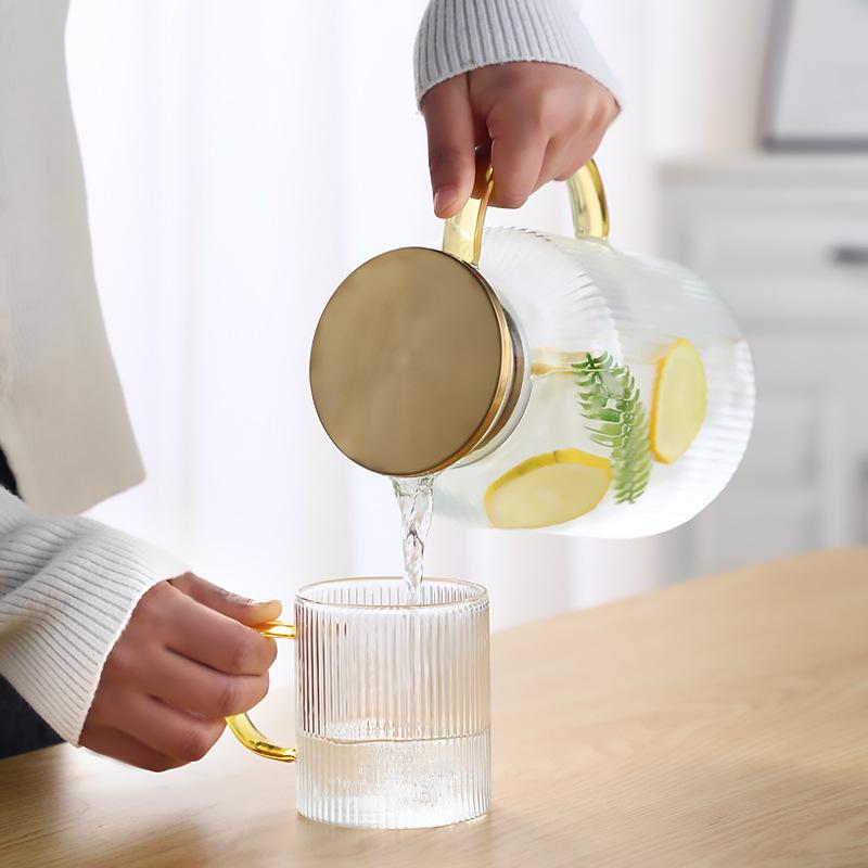 ガラスピッチャー　冷水ポット　6個セット ゴールド蓋 ガラス ピッチャー 耐熱 1200ML 1600ML 大容量 水筒 おしゃれ 北欧